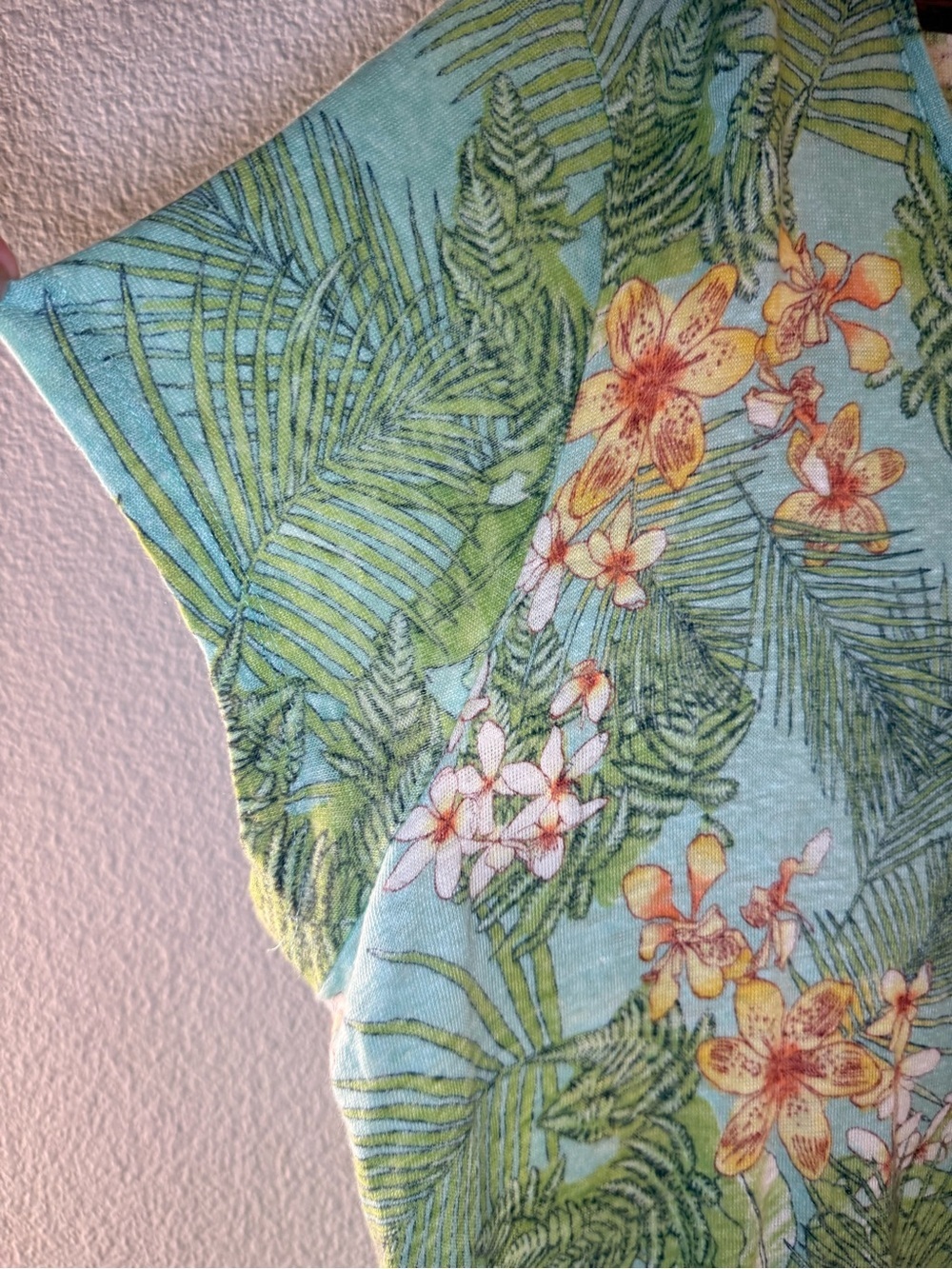 J. Jill Teal Tropical Floral V-Neck Short Sleeve Top - Picture 3 of 7